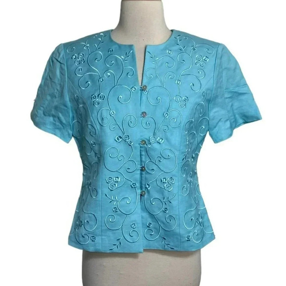 Coldwater‎ Creek 6P turquoise blue short sleeve linen blend embroidered skirt - Picture 2 of 10